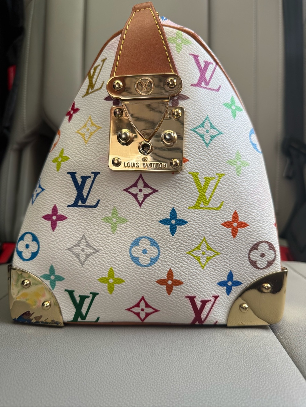 Louis Vuitton White Multicolor Monogram Satchel with Pink Pocket and Tan Handles - Picture 4 of 5